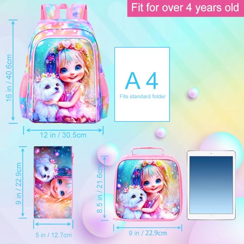 Image of 3Pcs Dog Backpack for Girls, 16 inch Kids Bookbag with Lunch Box，School Backpacks for Elementary Preschool Kindergarten (Pink)