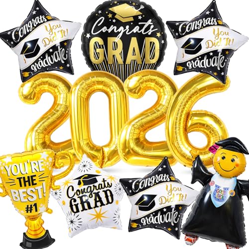 Graduation Party Decorations 2026 Graduation Balloons - 13Pcs Black Gold Graduation Foil Balloons Class of 2026 with Ribbons - Grad Mylar Balloons for Grad Decorations Supplies College High School