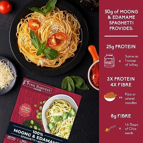 Image of Pink Harvest Farms Moong & Edamame Spaghetti Noodles | No Rice - No Maida | Vegan | Gluten Free | High Protein | 3 x 200gm Pack