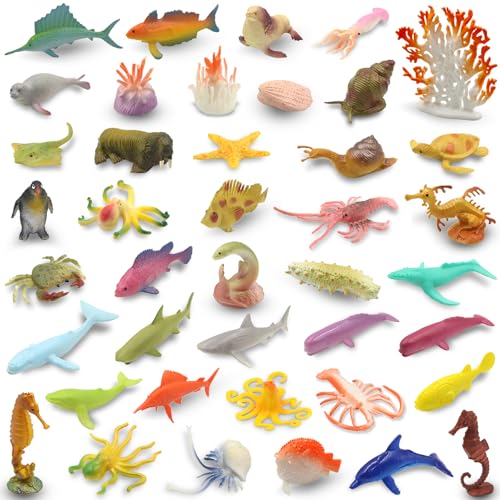 Pinowu Figuras de animales marinos del océano (50 piezas), juego de juguetes de goma de vinilo surtidos, juguete de baño realista de criatura marina para regalo de fiesta infantil, decoración de