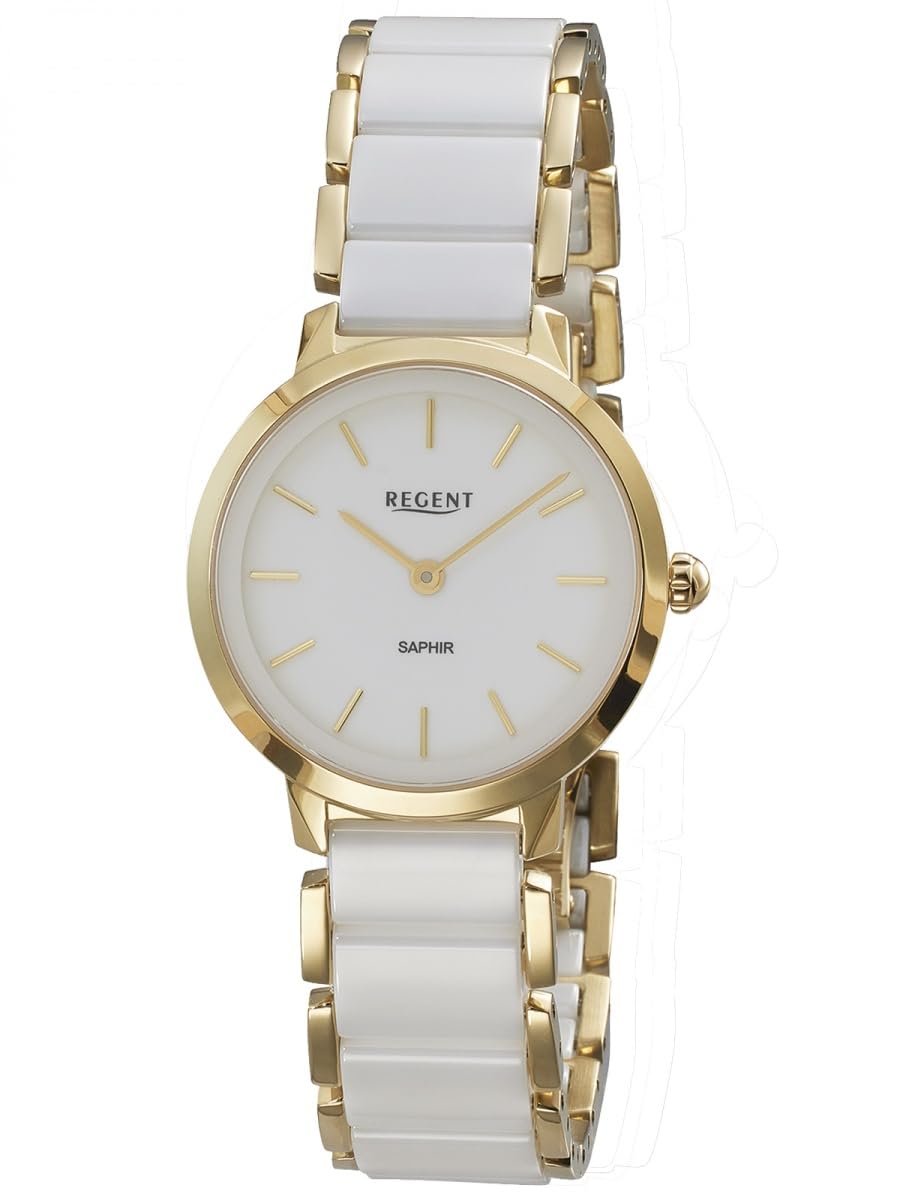 REGENT F-1626 Reloj de mujer Oro Acero Inoxidable Cerámica Esfera blanca Cristal de zafiro 30 mm Reloj de cuarzo