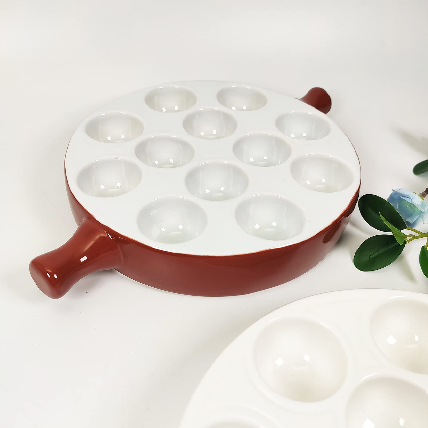 Platos de cerámica Escargot (2 unidades) 23,5 x 16,5 cm con mango de Footed Dishes, Oven Safe Holes Set para Home Restaurant Hotel (marrón, 23,5 x 16,5 cm)