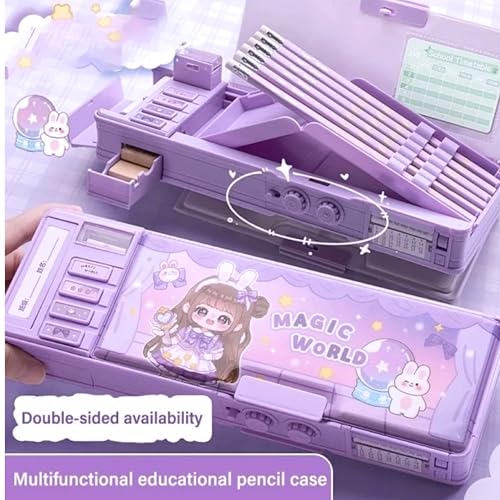 Image of ZAFCO Doll Magnetic Pencil Box for Kids | Password Lock | Geometry for Girls | Compass for School Children | Stationeries Organizer | Birthday Return Gift School Supplies Pack of 1 (Purple)
