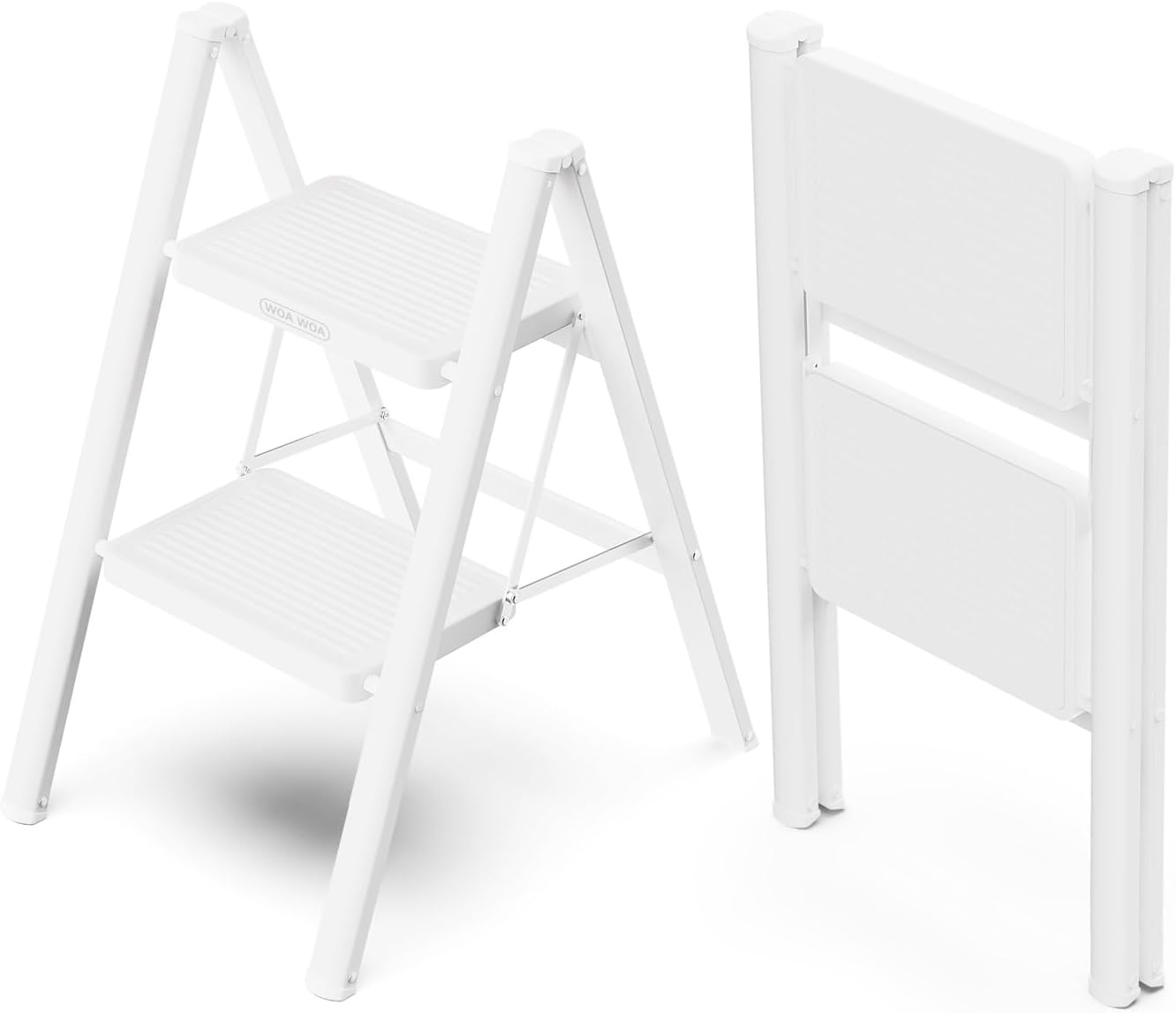 WOA WOA 2 Step Ladder, Folding Step Stool with Broad Pedals, Compact Stepping Stool, Sturdy Steel Ladders for Home with Anti-Slip Feet, Supports up to 330 lbs - White White 2 Step