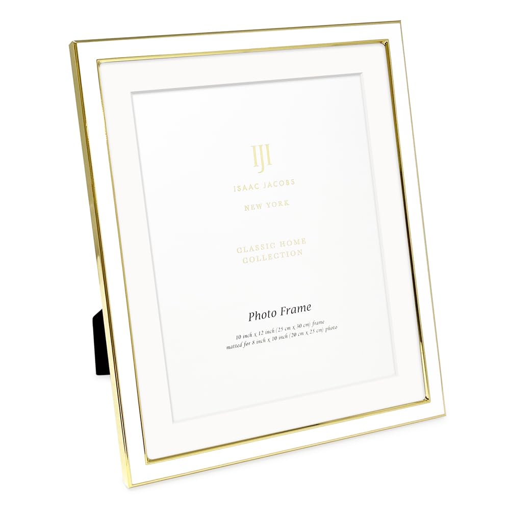 Isaac Jacobs 10x12 (Matted 8x10) White Enamel Picture Frame with Gold Metal Edge and Easel, Tabletop Display, Wall Décor, Photo Gallery, (10x12 (Matted 8x10), White with Gold)