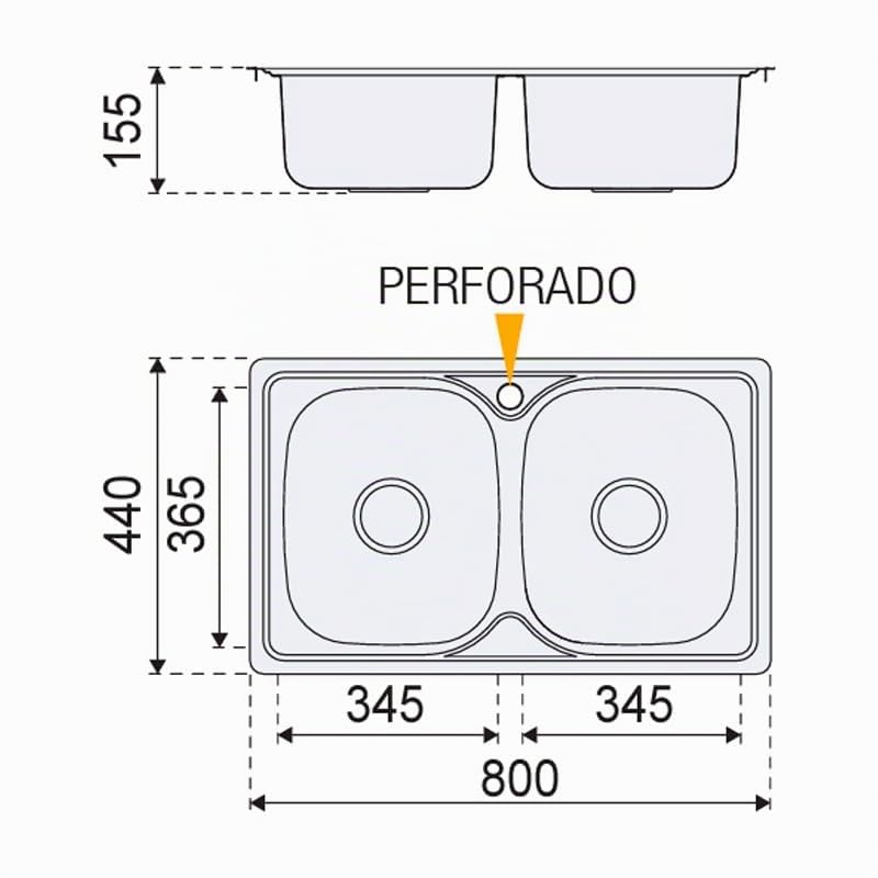 Fregadero de acero inoxidable con 2 senos 80x44cm Dublín