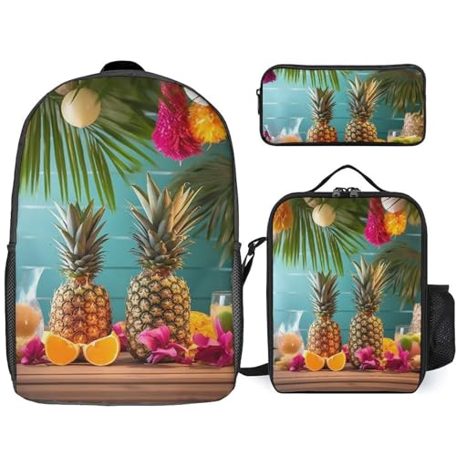 3 Piece Backpack for Women Men Lightweight Causal Daypack Shoulder Bag Set with Insulated Lunch Bag And Pencil Case Organizers Tropical Party