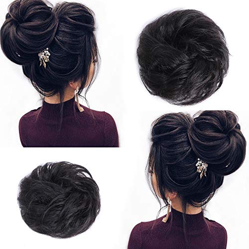Hair Bun Extensions 100% Human Hair Scrunchies For Women Bun Updo Hairpieces Wavy Curly Ponytail Hair Extensions(Natural 1B)