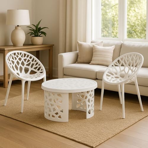 Image of Oaknest Neelkamal Crystal White Plastic Chair & Table Set | 2 Designer Chairs + 1 Center Table | Durable, Weather-Resistant, Indoor /Outdoor Use