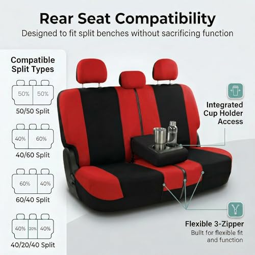 Image of FH Group Car Seat Covers Full Set Cloth - Universal Fit, Automotive, Low Back Front, Airbag Compatible, Split Bench Rear Washable Car Seat Cover for SUV, Sedan, Van Red