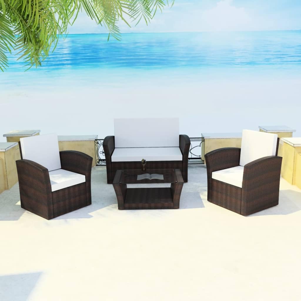 Set Muebles de jardín 4 Piezas y Cojines ratán sintético marrón