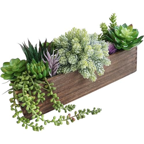 Winlyn 15' Assorted Artificial Succulent Arrangement Assorted Succulents in Rectangular Wooden Planter Faux Potted Plant for Farmhouse Table Centerpiece Windowsill Shelf Desk Mantel Greenery Décor
