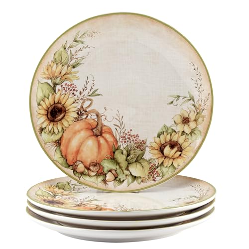 Autumn Breeze Set of 4 Earthenware Dinner Plates – Bring rustic fall charm to your table with pumpkins, sunflowers, and leaves in warm seasonal colors that elevate every meal 11'