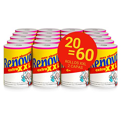 Renova Rollos de Cocina Extra XXL, 20 Rollos Equivalentes a 60 Rollos Estándar, Maxi Absorbentes, Certificado FSC