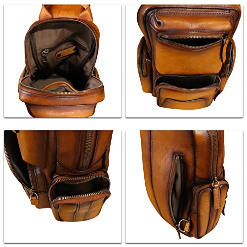 Ivtg Genuine Leather Sling Bag Crossbody Casual Hiking Daypack Vintage Handmade Chest Bag Shoulder Backpack Motorcycle Pack (Brown) #TOP6