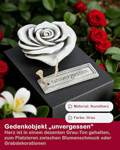 CULT at home Grabschmuck Rosen Herz „unvergessen“ – Grabdekoration Allerheiligen Steinherzen Grab Deko Grabstein – Rosenherz Gedenkstein fürs Grab Friedhof – aus Kunstharz Grau ca. 10 x 10 cm
