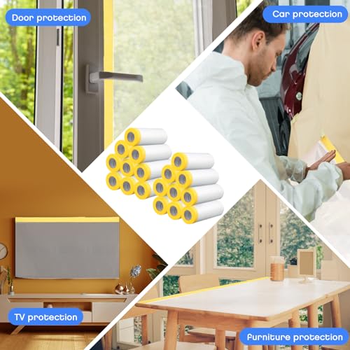 Image of Seajan 18 Roll Painters Plastic with Tape Pre Taped Masking Film for Painting Automotive Paint Adhesive Protective Film Masking Tape Roll Plastic Painting Covering (White,5 x 65 Ft)