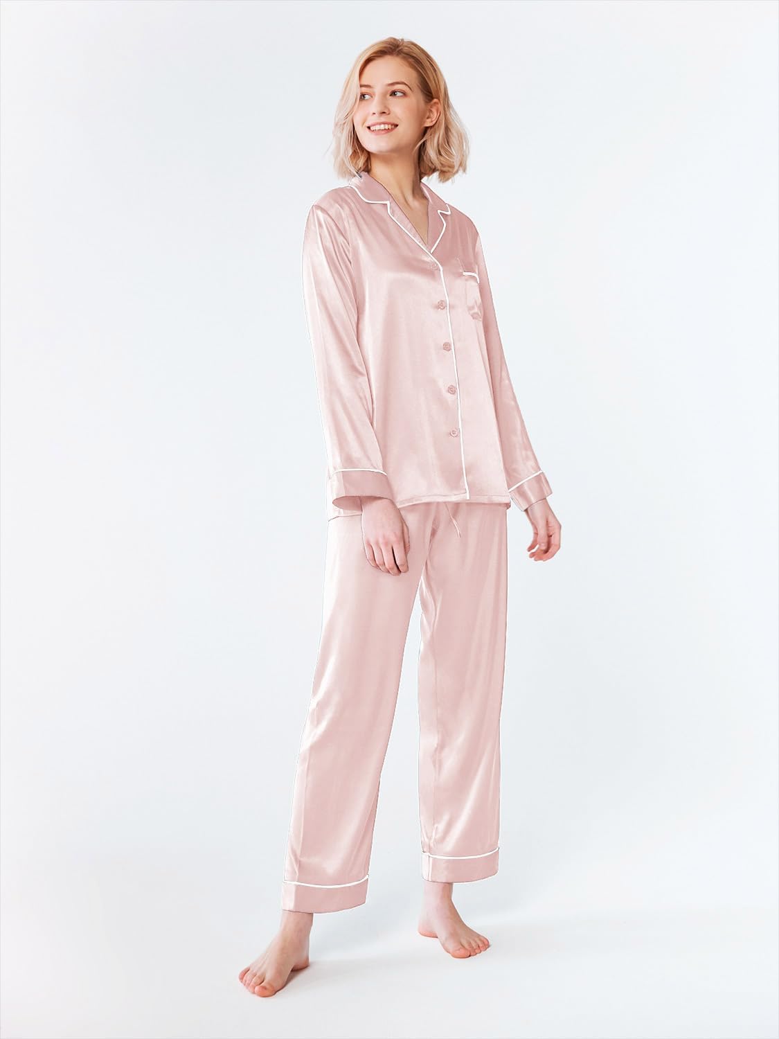 SIORO Silk Satin Pajamas Set for Women Long Sleeve Sleepwear Pj Set Button Down 2 Piece Soft Loungewear S-XL - Image 2
