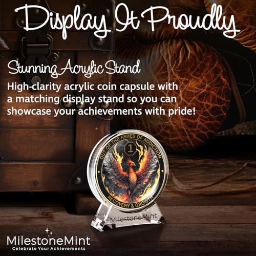 phoenix sobriety coin  aa chip medallion gift set with coin capsule display stand amp card for sober men amp women in recovery  sobriety gifts for anniversary month amp year 1 year