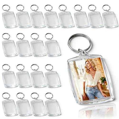 20Pcs Rectangle Acrylic Blank Photo Keychain, Clear Photo Frame Keyring, Picture Snap-In Insert Keyring, Double Sided Photo Holder Keychain, Clear Photo Key Rings with Split Ring for Family Friends