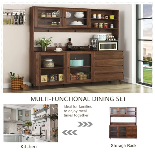 Image of Farmhouse Kitchen Pantry Cabinet, 74.8 inch Tall Freestanding Cupboard with Multi-Tier Storage Rack and Microwave Stand for Kitchen, Dining Room, Walnut