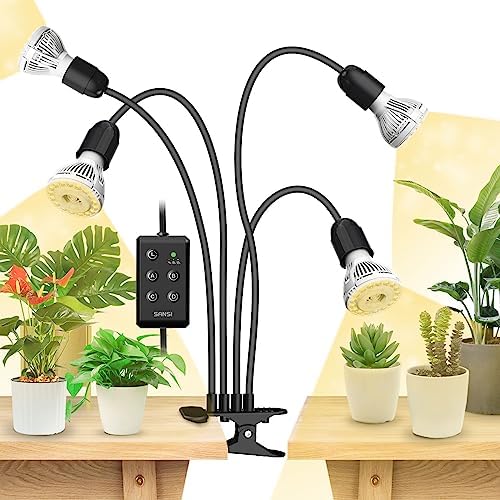 SANSI Pflanzenlampe Vollspektrum, 4-Kopf 600W Grow Light mit Timer, Schwarz | Clip On Pflanzenlicht mit 360° Schwanenhals, 4/8/12H Timer, 4x E27 10W Wachstumslampe mit Hohe PPFD fü