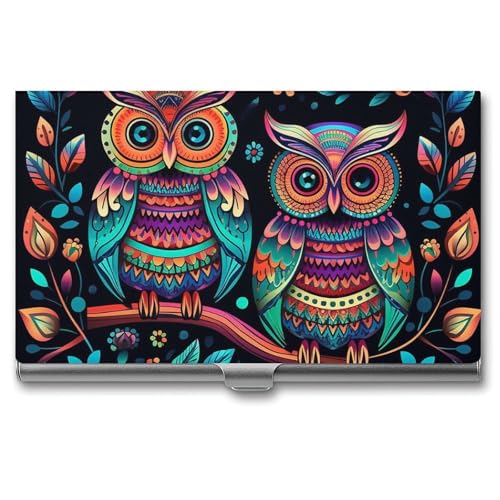 Slim Business Card Case for Men & Women, Pocket Metal Case, Colorful Owl Pictures Professional Aluminum Alloy Business Card Holders, Stylish Purse Name Cards Holder, Buckle Style Shut