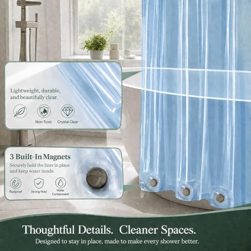 Image of EHZNZIE Clear Blue Shower Curtain Liner 72x72, PEVA Waterproof Bath Curtain, No Chemical Smell, 3 Weighted Magnets, Durable with Rustproof Metal Grommets
