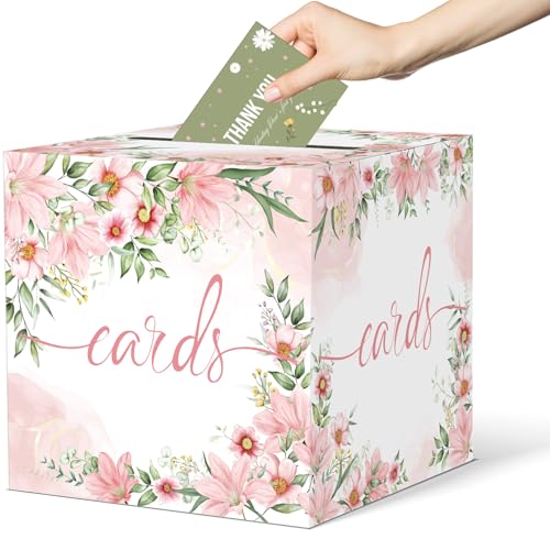 Image of 2 Pack Watercolor Pink Floral Card Box Wedding Card Box Holder Gift Cards Receiving Box for Party Graduation Bridal or Baby Showers, Raffle Ticket Box Money Box for Birthday Party Retirements