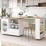 HSH 72.4” Rolling Kitchen Island with Swivel Table, Storage Cabinet, Drawers & Shelves, White Modern Mobile Island Cart on Wheels, Farmhouse Wood Island Table for Kitchen, Dining Room, Home Bar