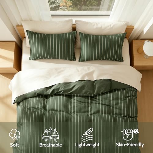 Image of Striped Duvet Cover Twin Size Olive Green Stripes Reversible Bedding Set Vertical Ticking Stripes Soft Breathable Microfiber Comforter Cover Set with Zipper Closure and 1 Pillowcase