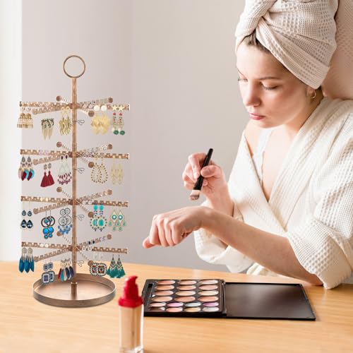 Image of MODOWEY 4 Tier Metal Rotating Earring Holder Organizer Stand Adjustable Display Tree for Women, 384 Holes and Grooves Rack Tower for Pierced Dangle, Large Capacity Space-Saving Jewelry Hanger, Bronze