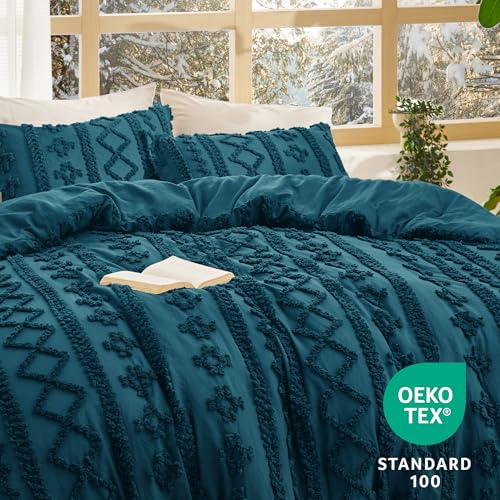 Bedsure Tufted Boho Comforter Set King Size - Teal Boho Bed Set, GentleSoft 3 Pieces Farmhouse Shabby Chic Embroidery Bedding, Gifts for Woman, Soft Jacquard King Comforter for All Seasons