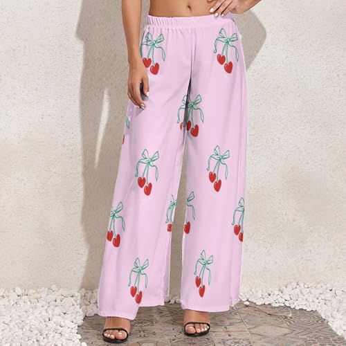 Womens Wide Leg Pants Red Cherry with Green Bow Dressy High Waist Trousers Casual Loose Flowy Palazzo Pants2