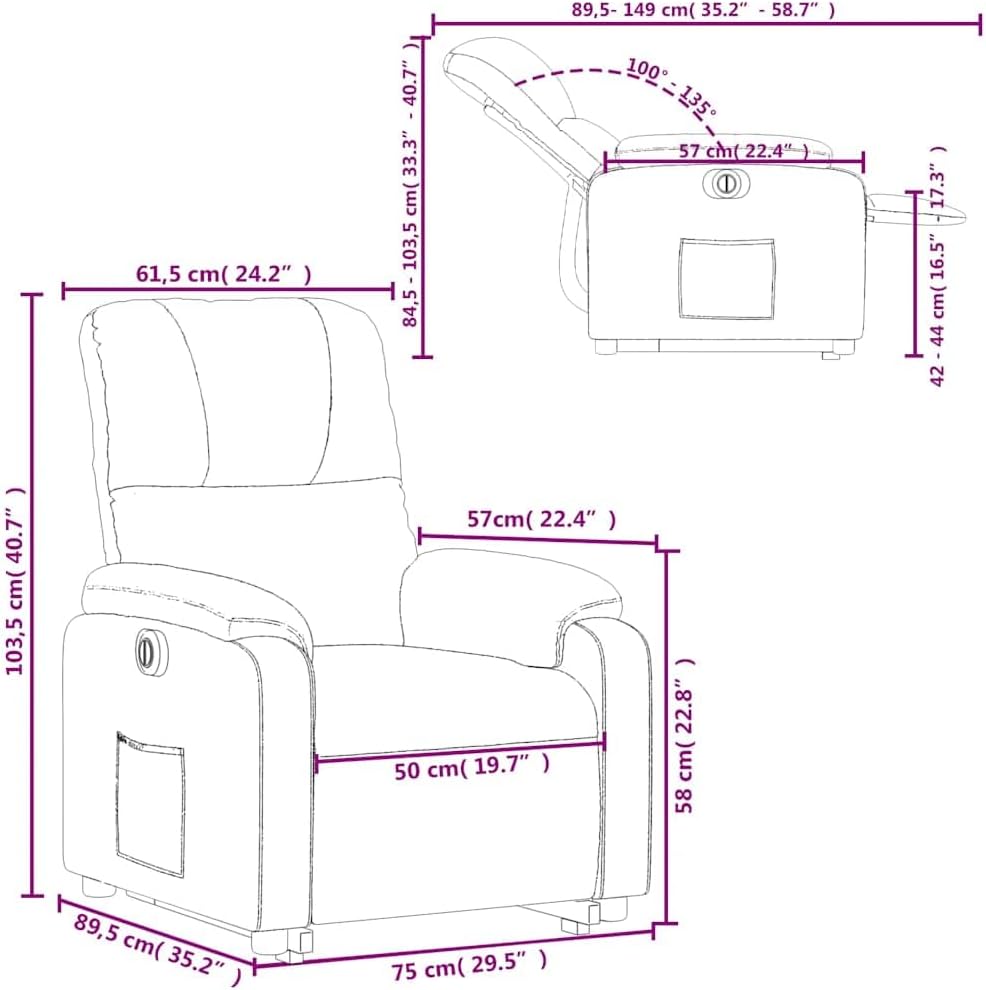 Diagramma che mostra le dimensioni della poltrona reclinabile elettrica vidaXL