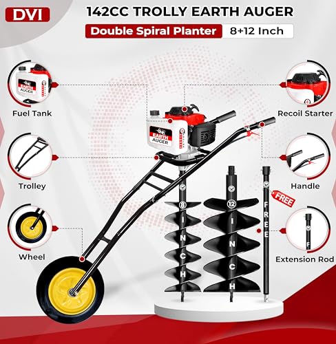 Image of DVI 142CC Trolley Earth Auger Machine, 4-Stroke Petrol Engine - with 8 Inch + 12 Inch Double Spiral Planter Bits & Free Extension Rod | for Plantation, Fencing & Post Hole Digging in All Soil Types.
