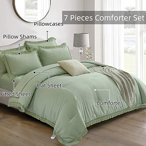 7-Pieces Bed In A Bag Comforter Set Sage Green Tassel Comforter Set Boho Fringe Comforter Soft Microfiber Bedding Sets King (1 Comforter,2 Pillowcases,2 Pillow Shams,1 Flat Sheet,1 Fitted Sheet) #TOP2