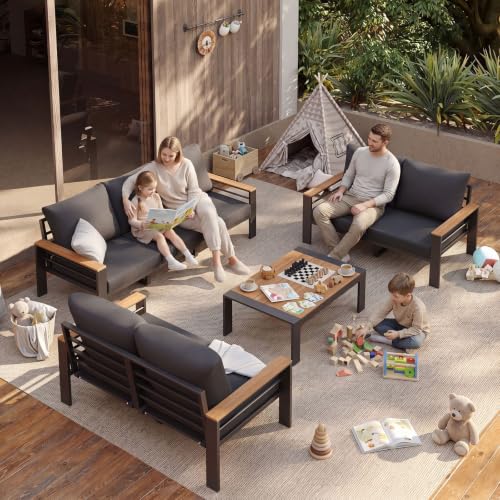 Image of Aoxun Patio Furniture Set, 7 Piece Aluminum Patio Sets with 5 inch Thicken & Washable Cushion, Waterproof Outdoor Furniture with Coffee Table, Outdoor Couch Sectional for Backyard, Porch and Garden