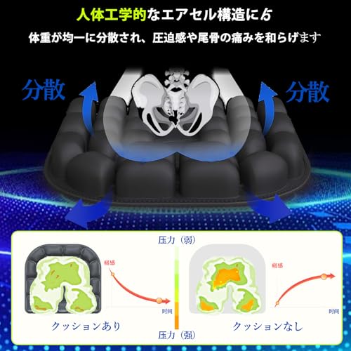 Srelirly『新登場』エアー クッション 座布団 体圧分散 椅子クッション お尻 痛くならない 高反発 エアセル構造 通気性 滑り止め付き 手洗い可 人間工学設計 オフィス 車 椅子 車椅子用 （ブラックBlack） [3]