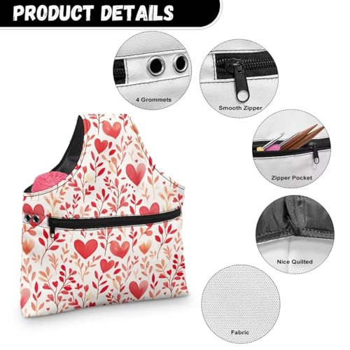 Image of KUIFORTI Floral Knitting Yarn Bag Love Heart Yarn Bags for Crocheting on The Go Crochet Storage for Women Girls at Home Valentines Day Ladies Gifts Size S