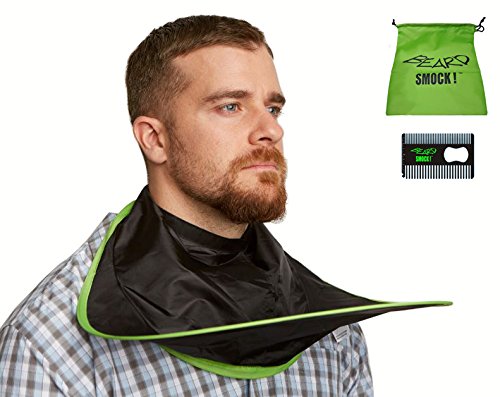 BEARD SMOCK Pop-Up Beard and Mustache Hair Trimming Catcher. Mess Free Shaving and Grooming. Faster Setup then Beard Aprons, Bibs, No Suction Cups or Loose Parts (Green w/ Pocket Beard Comb)