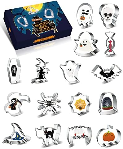 16 Pcs Halloween Cookie Cutters Halloween Set with Decorating Instructions Stainless Steel Pumpkin Witch Hat Cat Bat Skull Ghost Candy Coffin And More