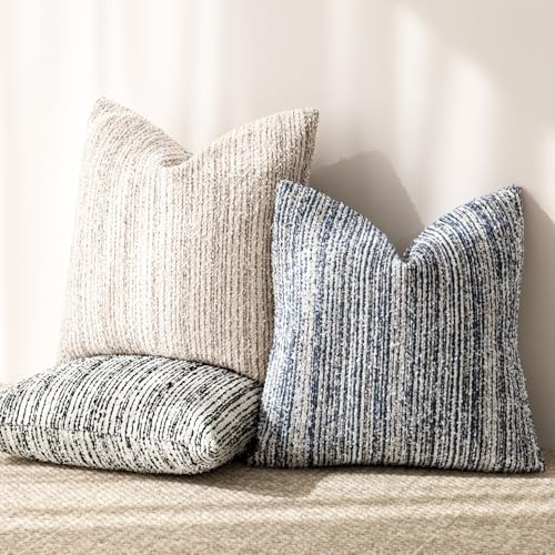 Image of Foindtower Set of 2 Faux Fur Textured Modern Throw Decorative Pillow Covers Lumbar Accent Striped Cushion Sherpa Boho Farmhouse Pillowcase for Couch Sofa Living Room Home Decor 12x20 Inch,Dark Blue