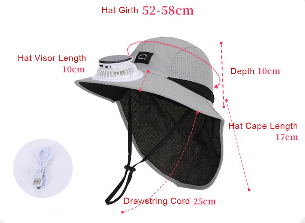Sombrero de sol con ventilador solar USB para niños, con solapa para el cuello, sombrero de pesca, gorra de protección solar para adolescentes, niños y niñas