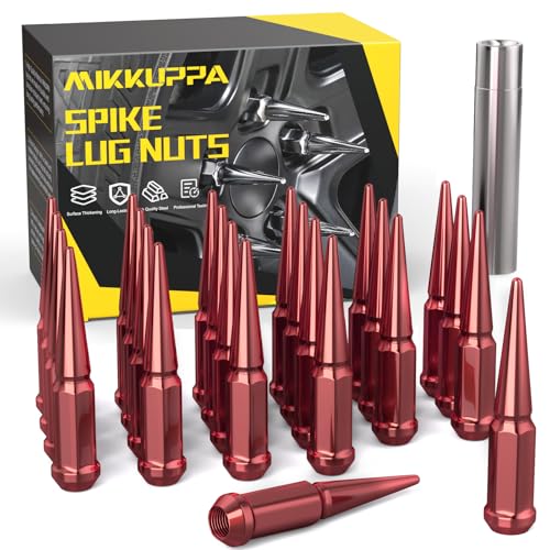 Image of MIKKUPPA M14x1.5 Spike Wheel Lug Nuts, 24pcs Red 14mmx1.5 Soild 4.4 inch Tall with 1 Socket Key - Replacement for 1995-2020 Chevy Silverado 1500, 1997-2020 GMC Sierra 1500 Aftermarket Wheel