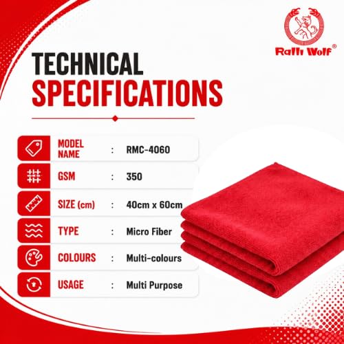 Image of Ralli Wolf RMC 4060 Pack of 2 Microfiber Cleaning Cloth 40x60 cm, 350 GSM Highly Absorbent Multi Purpose Microfiber Towel for Car Cleaning, Home, Kitchen and Industrial Surface Wiping