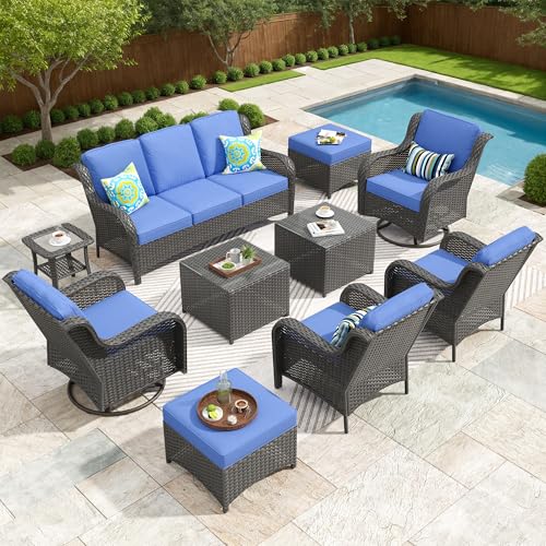 ovios 10 Pieces Patio Furniture Set with Swivel Rocking Chairs, Outdoor Wicker Sofa Couch Comfy Cushions, All Weather High Back Modern Conversation Set, Brown Rattan, Navy Blue