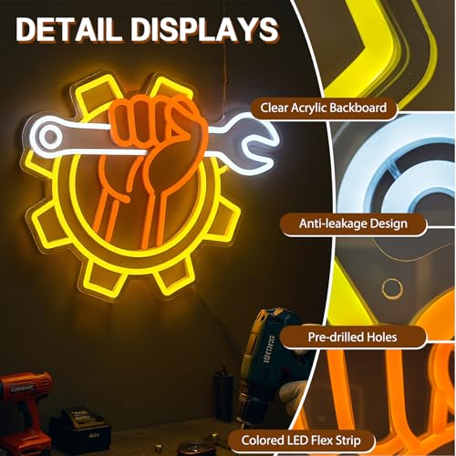 Image of Wrench Neon Sign for Wall Decor - USB Powered LED Garage Sign with Dimmer, Car Room Accent Light, Auto Repair Workshop Wall Lamp, Man Cave Neon Decor, Gift for Dad or Car Enthusiast 13 inchx14.3 inch