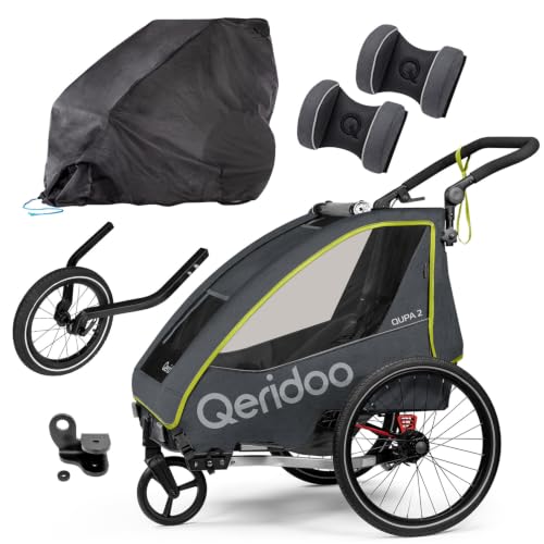 Qeridoo QUPA 2 Lime Comfort Sport Set | Fahrradanhänger 2 Kinder mit Joggerrad, Kupplung & Faltgarage | Fahrrad Anhänger Kinder | Kinderanhänger Fahrrad | Jogger Kinderwagen