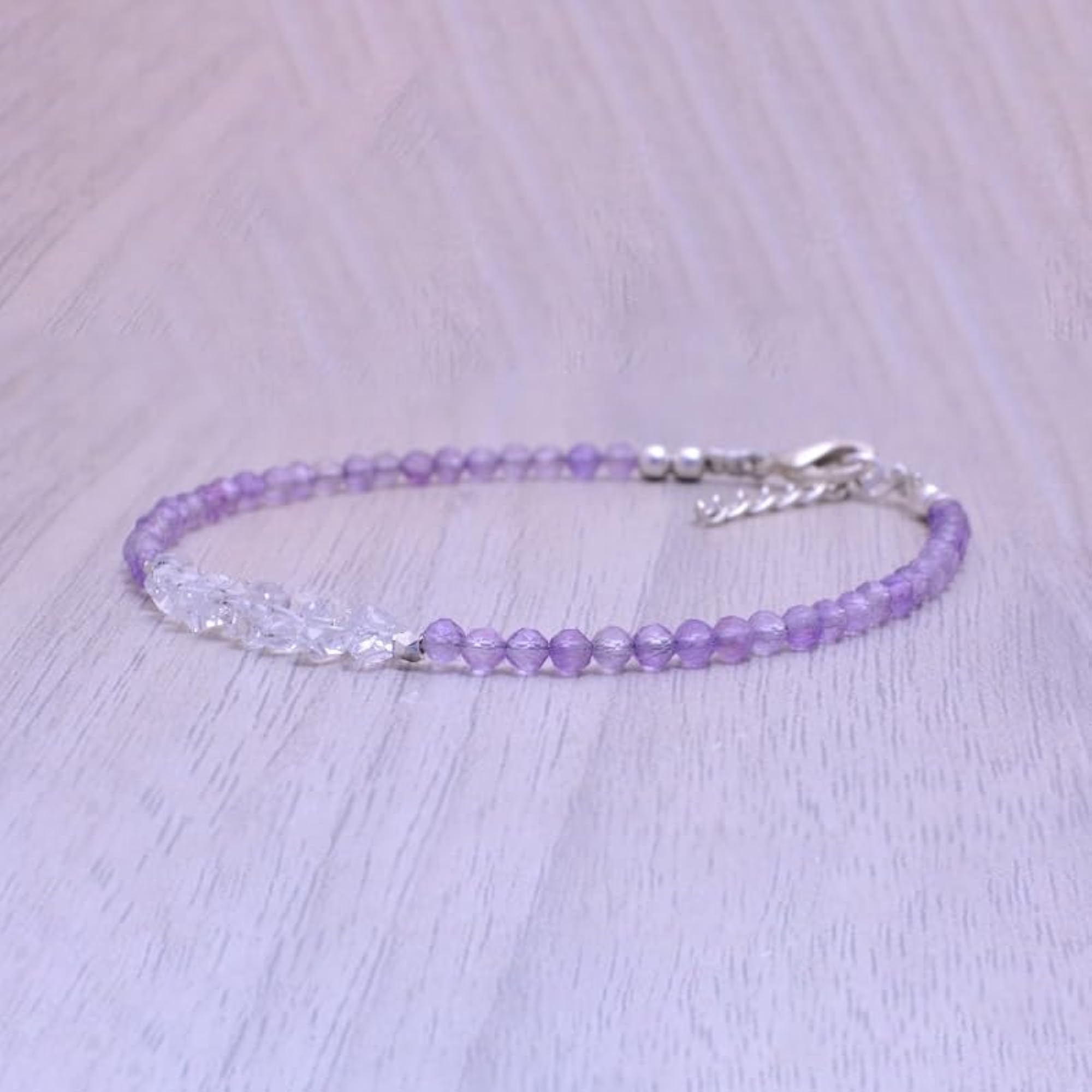 Herkimer Diamond & Amethyst Bracelet, Unisex Healing Gift